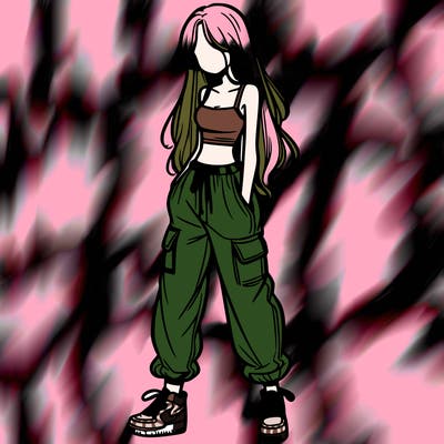 girl in baggy pants crop top and long hair