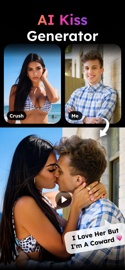 Pixelance: AI Video Generator - Gerador de Beijos por IA criando um vídeo de duas pessoas se beijando a partir de fotos separadas