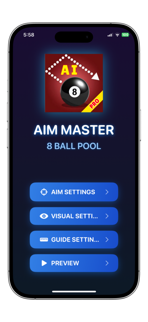 Aim Master 8 Ball Pool - Main menu of Aim Master 8 Ball Pool app showing aim and visual settings buttons