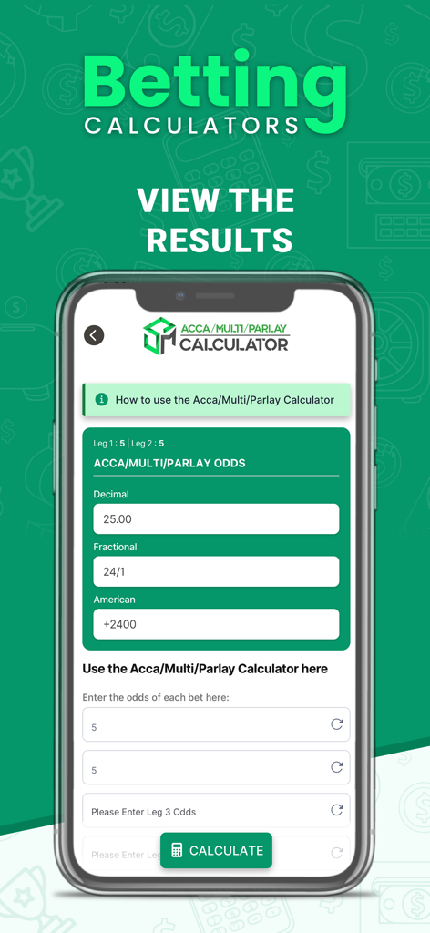 iPhone-Screenshot der Betting Calculators App, der eine Parlay-Quotenrechner-Oberfläche mit Eingabefeldern für dezimale und gebrochene Quoten zeigt