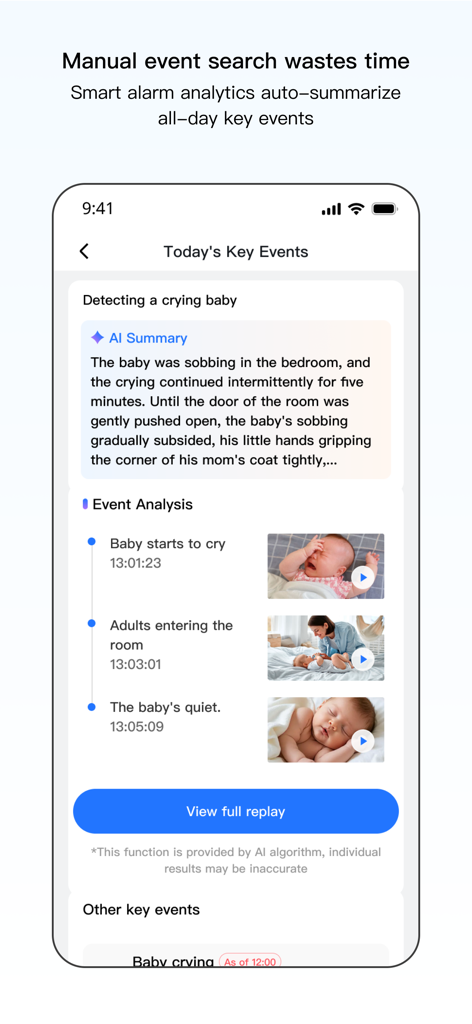 V360 Pro - Smartphone-Bildschirm, der von V360 Pro AI zusammengefasste Ereignisse für die Babyüberwachung zeigt, einschließlich einer Zeitleiste und Videovorschauen.