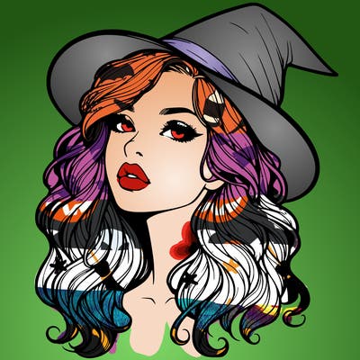 realistic witch girl with wavy hair and lips
