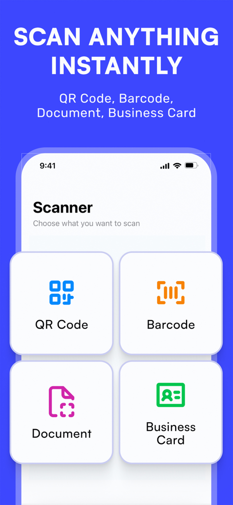 QR Scanner app interface featuring options for scanning QR codes barcodes documents and business cards