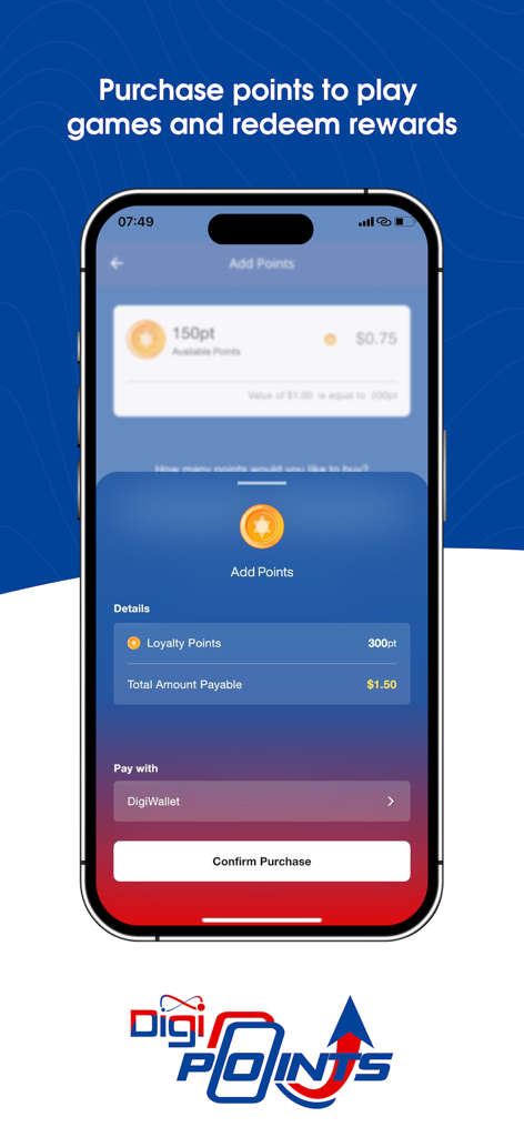 DigiPoints BZ - Interface of the DigiPoints BZ app showing the screen to purchase loyalty points using a digital wallet.