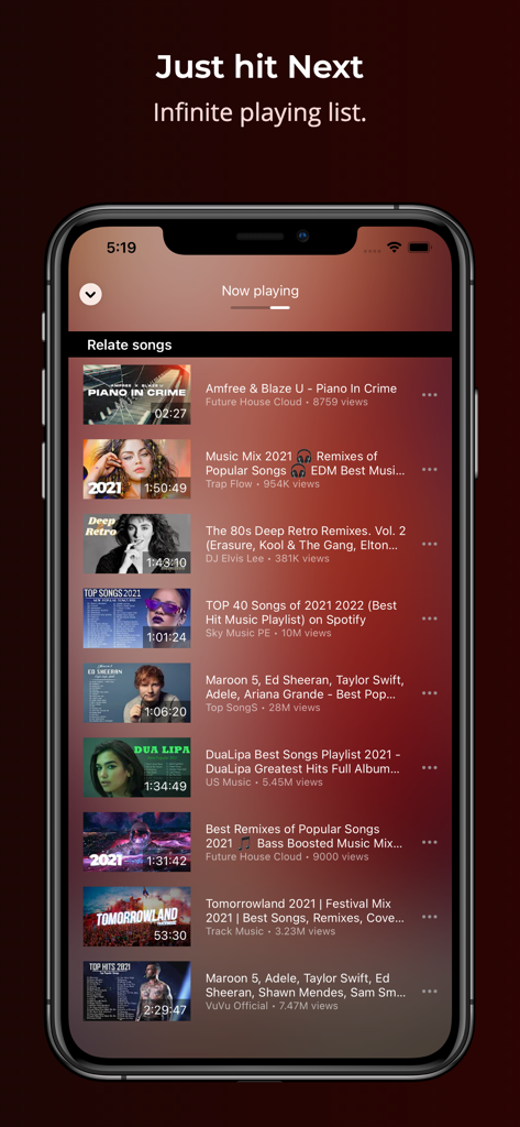 YoMuzik app screen showing related music tracks and infinite playing list functionality