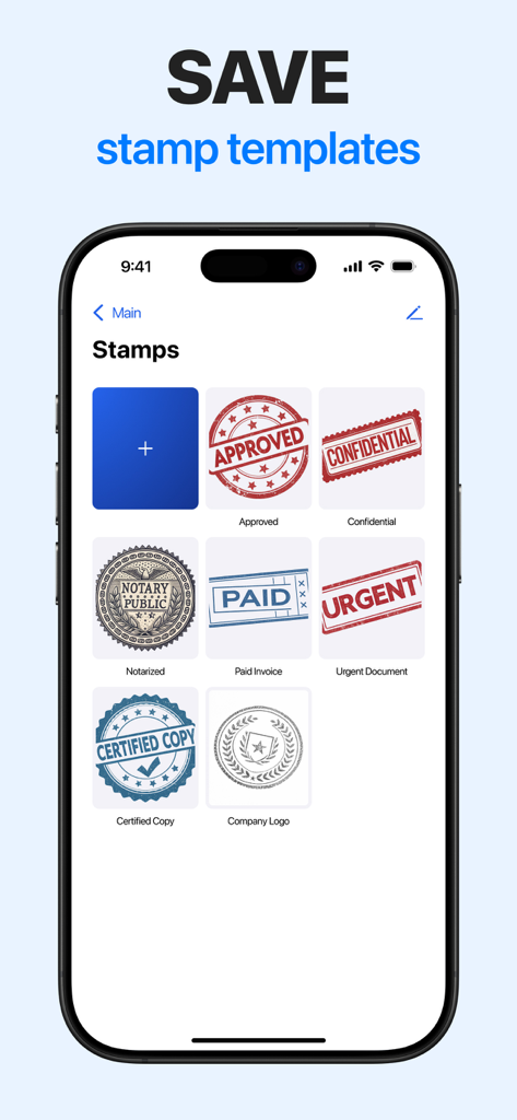 Interface of the eSign app showing various digital stamp templates including Approved Confidential and Notarized