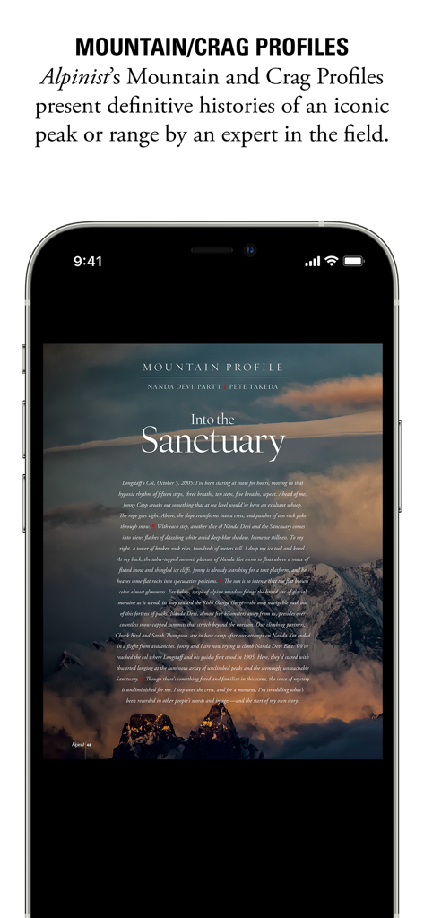 Alpinist Magazine - Smartphone screen displaying the Alpinist Magazine app with a mountain profile article and climbing photography