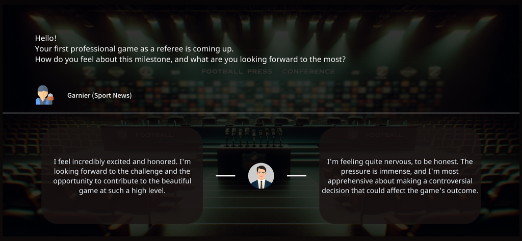 Football Referee Lite - A football referee game screenshot showing a press conference interview with dialogue choices.