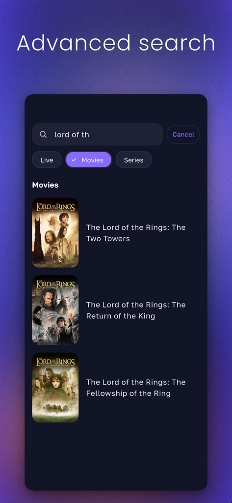 Zen IPTV Player - Advanced search interface in Zen IPTV Player displaying movie results for Lord of the Rings.