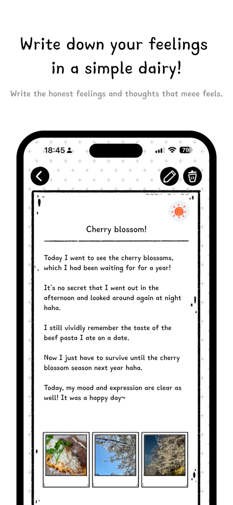 A minimalist diary entry screen from the Its meee app featuring text about cherry blossoms and polaroid style photos