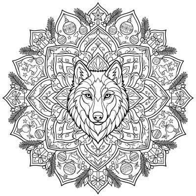 Dive into the holiday spirit with this captivating coloring page featuring a majestic wolf at the heart of a festive mandala. Intricate designs of Christmas ornaments and winter foliage offer a delightful challenge for all ages.
