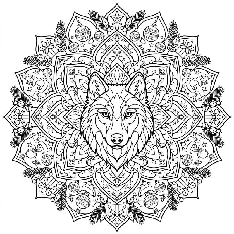 Dive into the holiday spirit with this captivating coloring page featuring a majestic wolf at the heart of a festive mandala. Intricate designs of Christmas ornaments and winter foliage offer a delightful challenge for all ages.