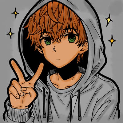 teenage manga boy in a hoodie, doing ✌