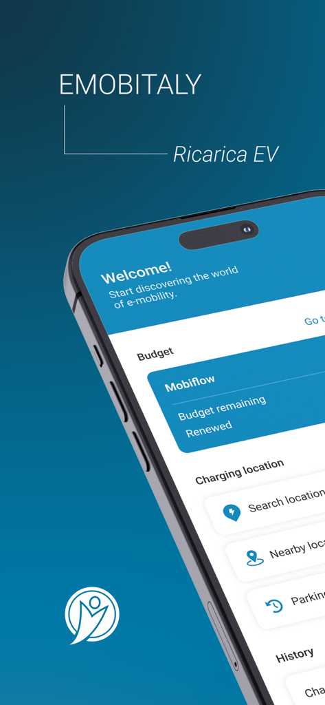 EMOBITALY - EMOBITALY app interface on a smartphone showing EV charging location search and budget management features.