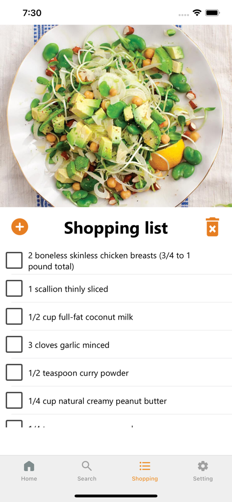 Keto Recipes: Low Carb Diet - Interfaz de lista de compras de la aplicación Recetas Keto que muestra ingredientes para una comida baja en carbohidratos con una imagen de ensalada.