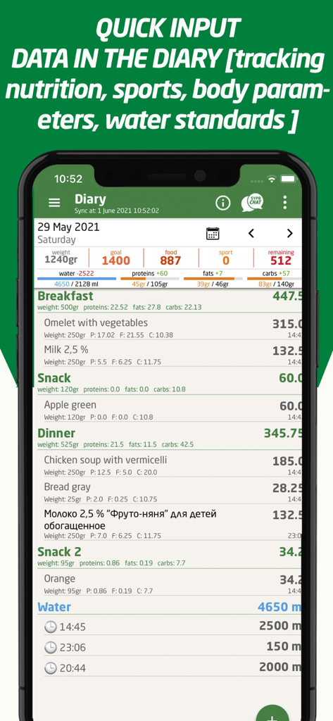 Calorie Counter - SYPB 30 - Interfaz del diario de alimentos diario para la aplicación de contador de calorías SYPB 30 que muestra el seguimiento de nutrición y agua