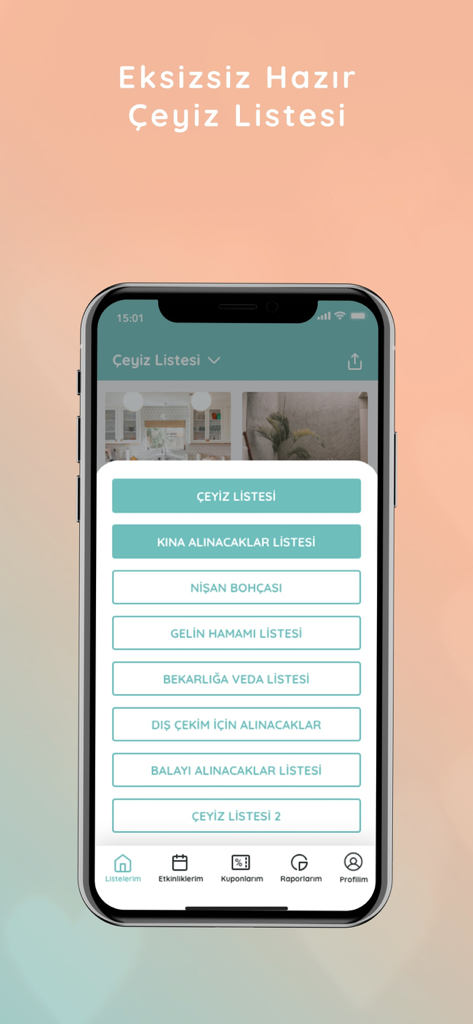 Çeyiz Listem - Ceyiz Listem mobile app screen showing various wedding and dowry planning checklists.