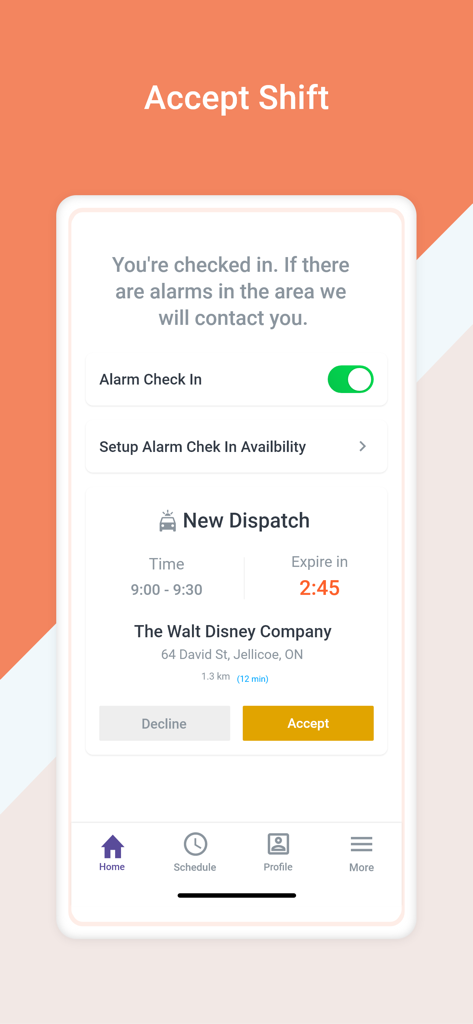 Novagems StaffApp - Novagems StaffApp interface for a security guard showing a new dispatch request with options to accept or decline.