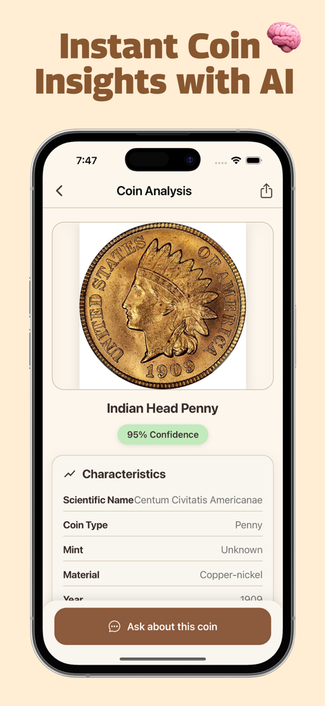 Rare Coin Identifier - Coin AI - Análisis de IA de un centavo con cabeza de indio en la aplicación Identificador de Monedas Raras