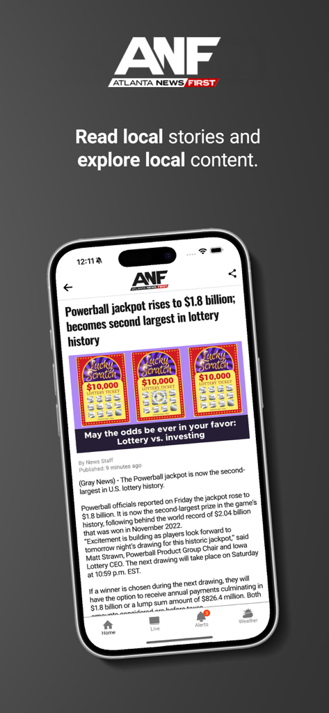 Atlanta News First - Atlanta News First app displaying a local news article about the Powerball jackpot.