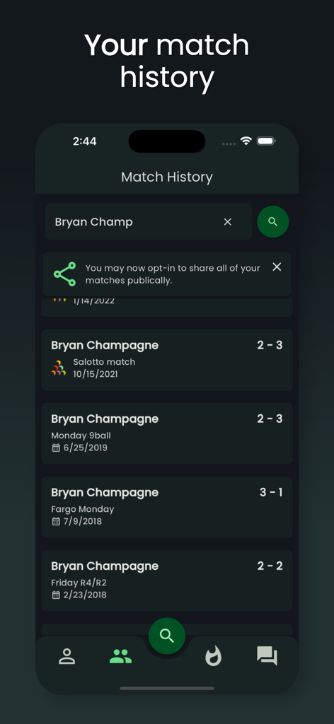 FargoRate - A screen from the FargoRate app showing a detailed list of billiards match history and scores for a specific player.