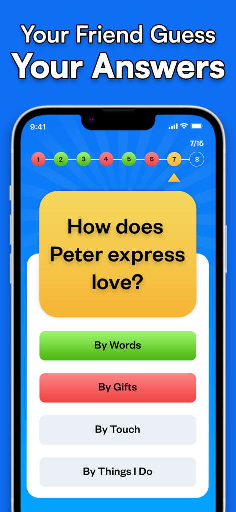 How Well Do You Know Me - Screenshot di un gioco a quiz sull'amicizia che mostra una domanda sui linguaggi dell'amore con risposte a scelta multipla