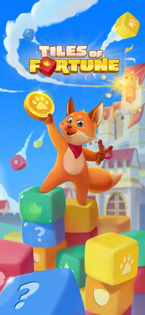 Cartoon fox holding a gold coin on top of colorful game tiles in Tiles of Fortune