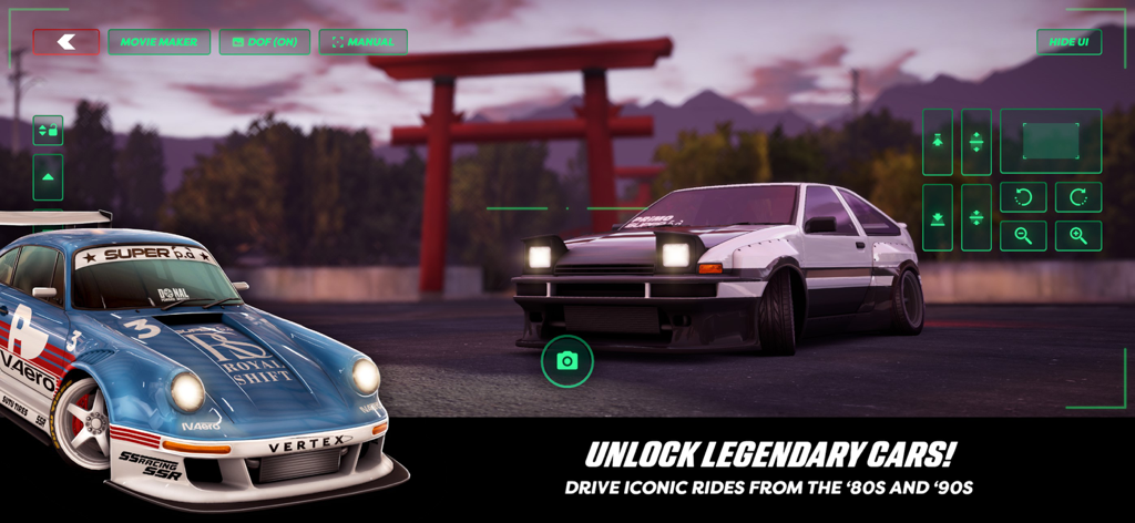 Dos coches legendarios personalizados de los 80 y 90 en modo cine.