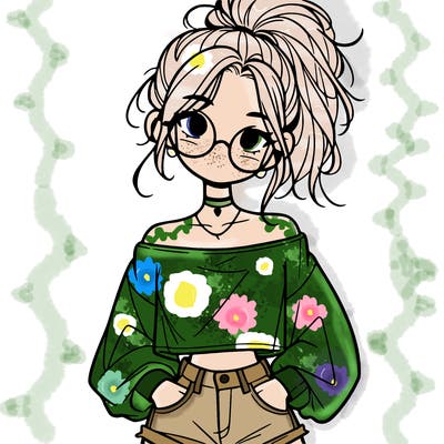 girl with a messy ponytail glasses a baggy crop top and jean shorts