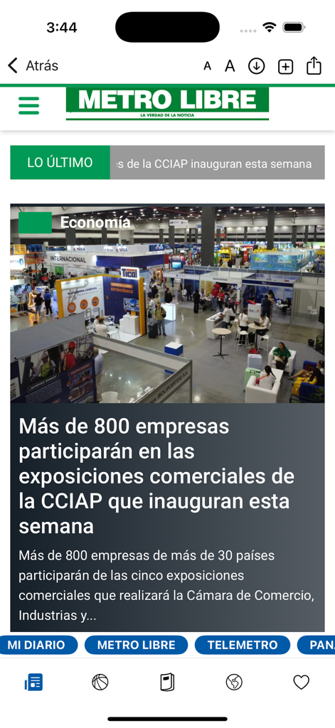 Periódicos de Panamá - Mobile interface of Periodicos de Panama app showing a news article from Metro Libre about business exhibitions
