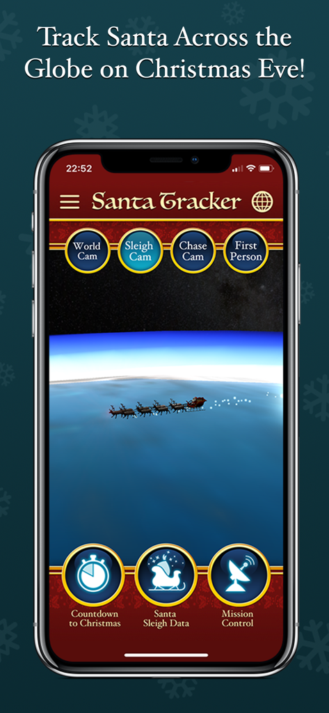 Speak to Santa™ Christmas Call - Smartphone displaying the Santa Tracker feature with a 3D globe and sleigh