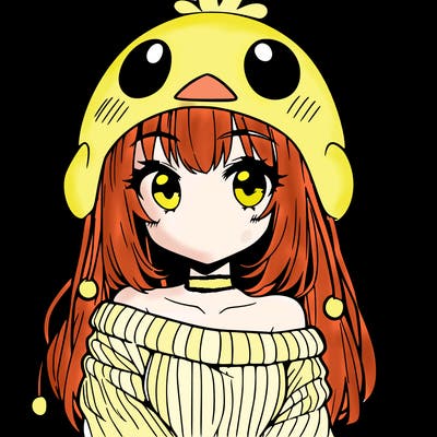 anime girl with chick shaped hat with sweater with bare shoulders with bangs covering them one eye with low tail
