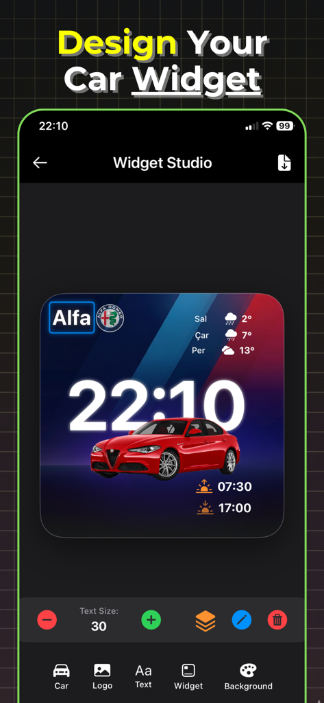 Car Widgets: AutoDash - Interfaccia di un'app mobile per la progettazione di un widget personalizzato per auto con un'auto Alfa Romeo, orologio digitale e dati meteo.