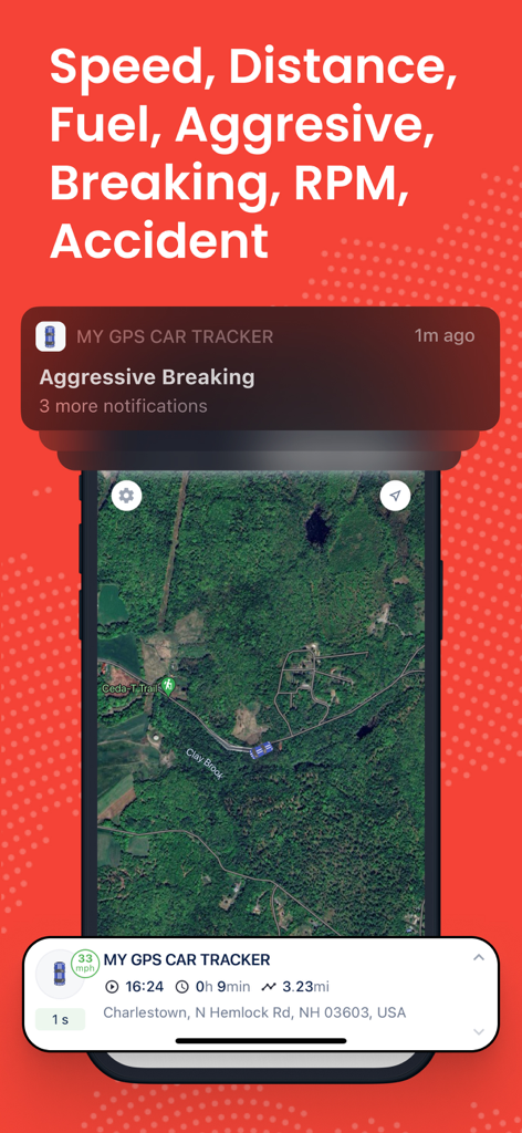 Aplicación Rastreador GPS mostrando un mapa satelital rastreando un coche con una notificación de frenado agresivo