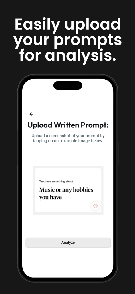 Hitch: Dating Profile Reviewer - iPhone screen showing the Hitch app interface for uploading and analyzing dating profile prompts with an example prompt about music and hobbies.