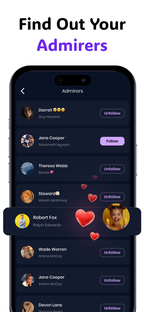 Profile Tracker:Who Unfollowed - Interface showing a list of Instagram admirers with follow and unfollow buttons