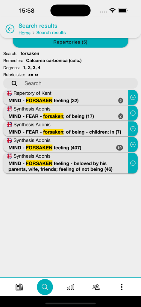 OpusGo - A mobile screen from the OpusGo app showing search results for the term 'forsaken' within various homeopathic repertories like Kent and Synthesis Adonis.
