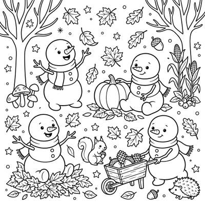 Discover the joy of autumn with this enchanting coloring page featuring four adorable baby snowmen. They're busy with fall activities amidst falling leaves, pumpkins, and woodland friends, ready for your creative touch.