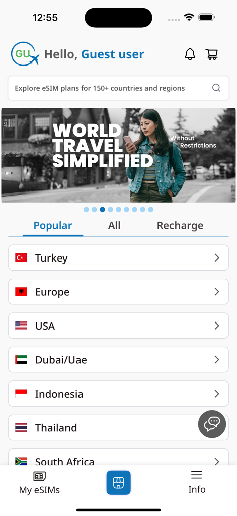 eTravelsim - Travel eSim - eTravelsimアプリのホーム画面。海外データプランの検索バーと、トルコやヨーロッパなどの人気渡航先のリストが表示されています。