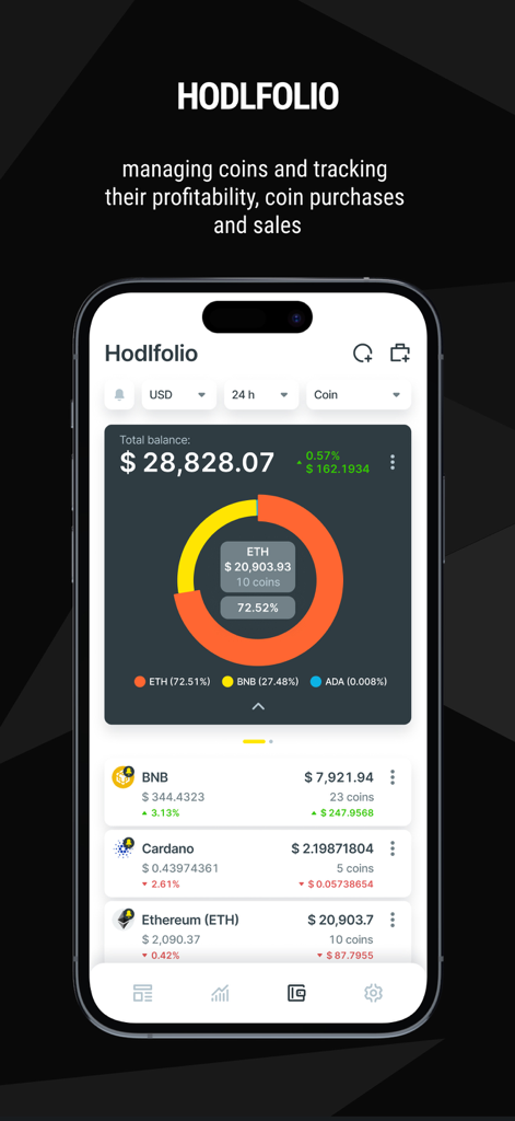 Hodlfolio dashboard displaying total balance and cryptocurrency asset allocation chart