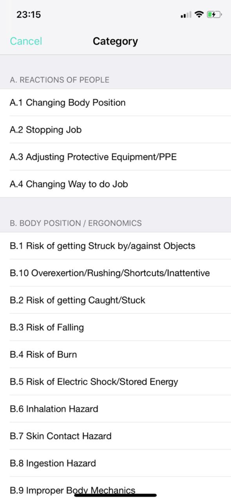 WWin Mobile - Liste der Gefahrenkategorien für die Arbeitssicherheit in der WWin Mobile-App.