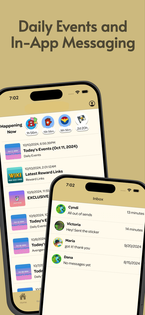 MOGO Wiki Tools - MOGO Wiki Tools mobile app interface showing daily game events and in-app messaging screens.