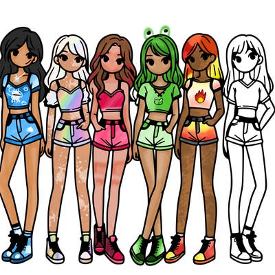 a group of girls wearing crop tops and shorts