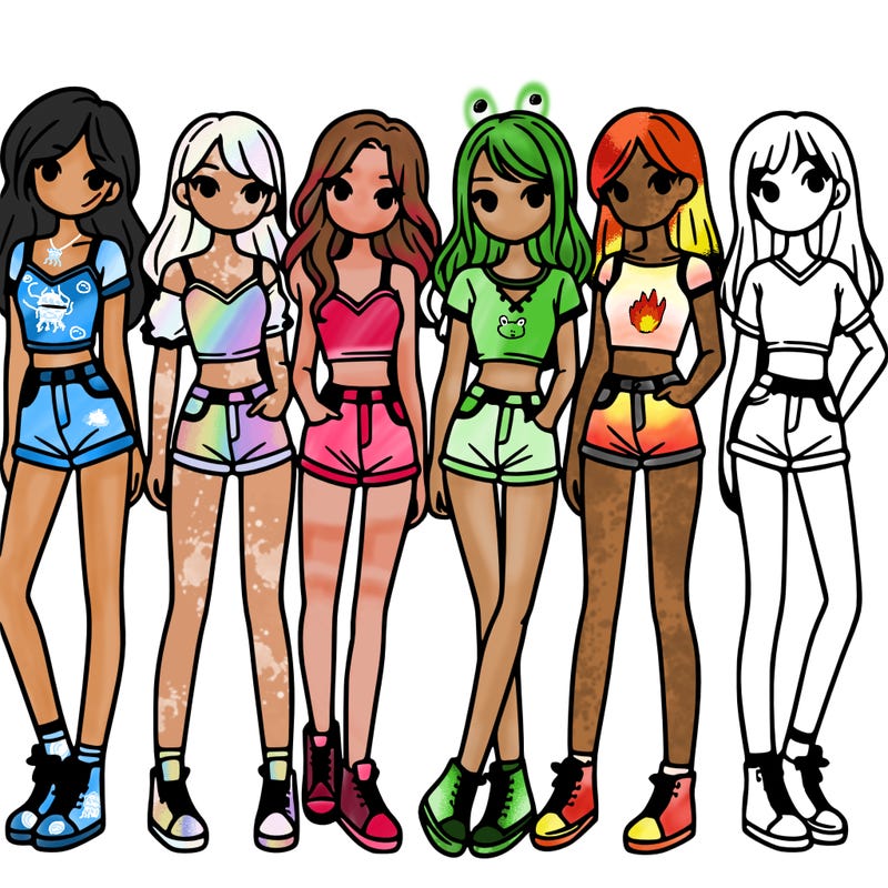 a group of girls wearing crop tops and shorts