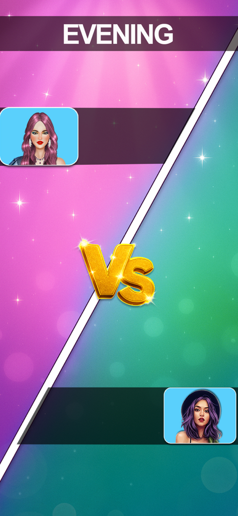 Fashion competition screen between two stylists for an evening dress-up challenge with a gold VS logo in the center.