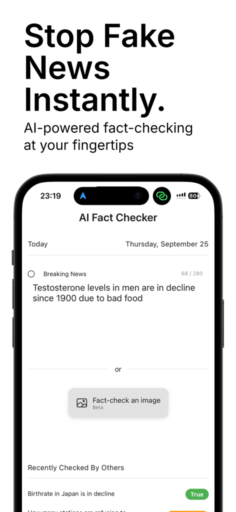 AI Fact Checker App - AI Fact Checker app home screen featuring a text entry for verifying news claims and an option to fact check images.