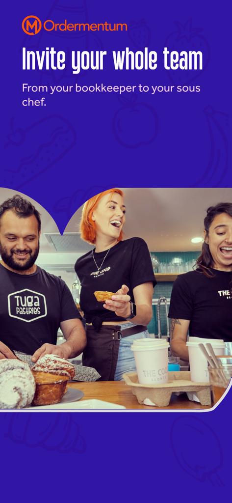 Three happy cafe workers in black shirts collaborating in a kitchen with text about inviting the whole team to the Ordermentum app