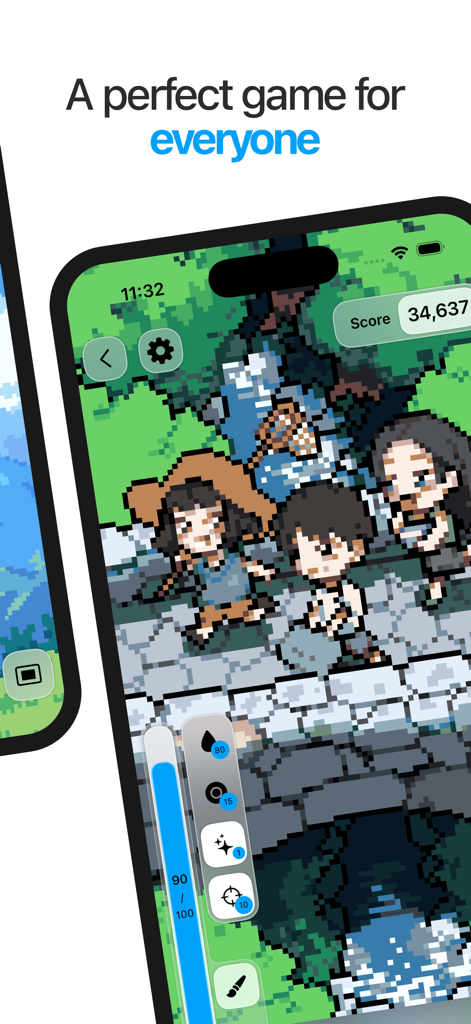 Pixel art gameplay in Pixquare Color by Number showing characters in a forest with coloring tools and game interface