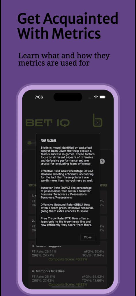Bet IQ: Smarter Sports Betting - Bet IQ app interface showing definitions for advanced basketball betting metrics like eFG and Turnover Rate