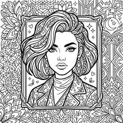 Discover an exquisite human portrait coloring page, featuring a stylish woman surrounded by captivating wall art designs. Immerse yourself in the intricate details and bring this expressive character to life with your favorite colors.